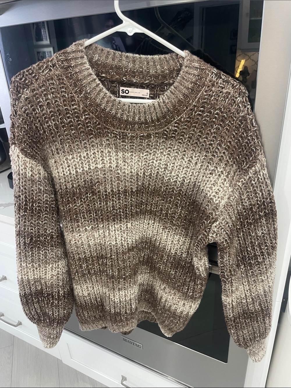 SO Striped Chunky Crewneck Sweater in Brown & Cream